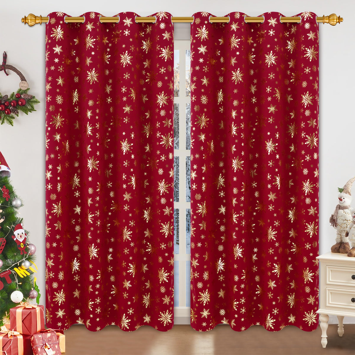Alishomtll Red Christmas Curtains for Living Room Blackout Golden Snowflake Foil Pattern Room Darkening Window Drapes Holiday Xmas Decor, 52" x 84"L, Set of 2 Panels