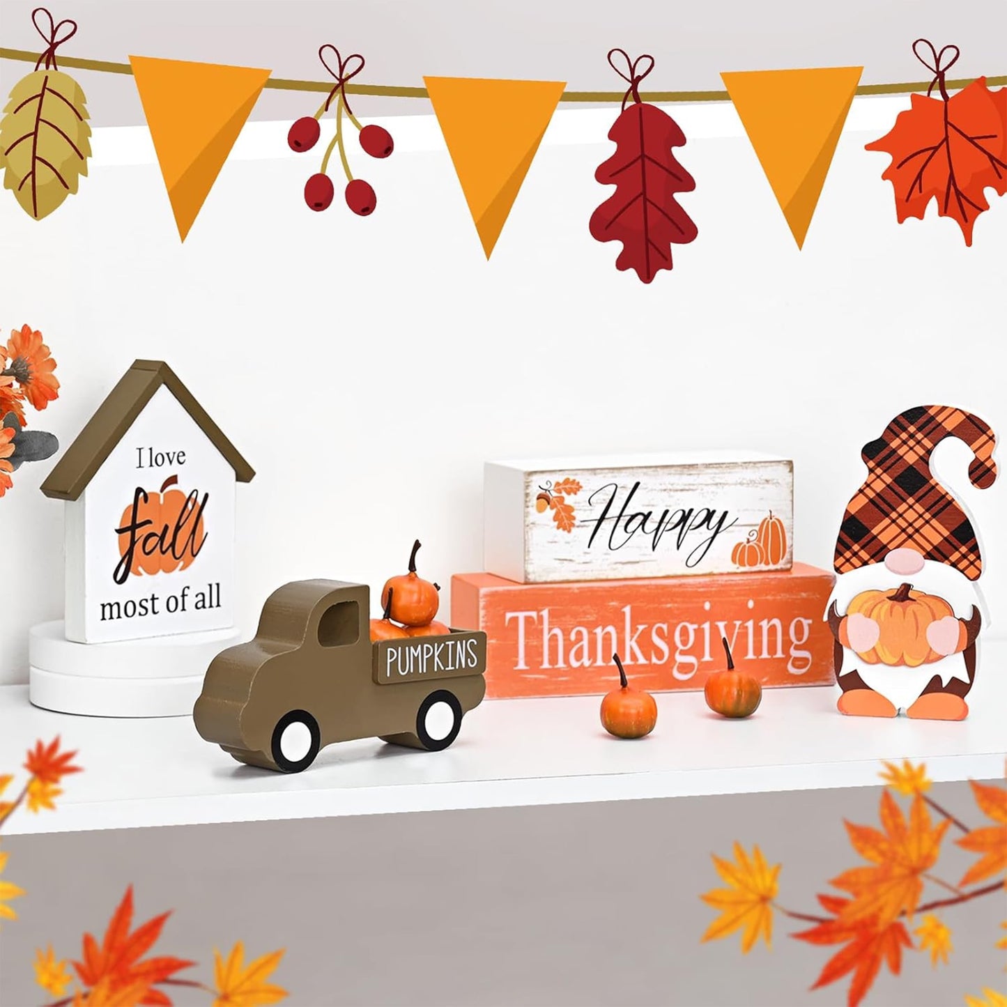 MecTo Thanksgiving Fall Truck Pumpkin Gnome Block Mantle Wooden Tabletop Farmhouse Decorations for Tiered Tray, Mantle, Desk, Bookshelf, Autumn Decor