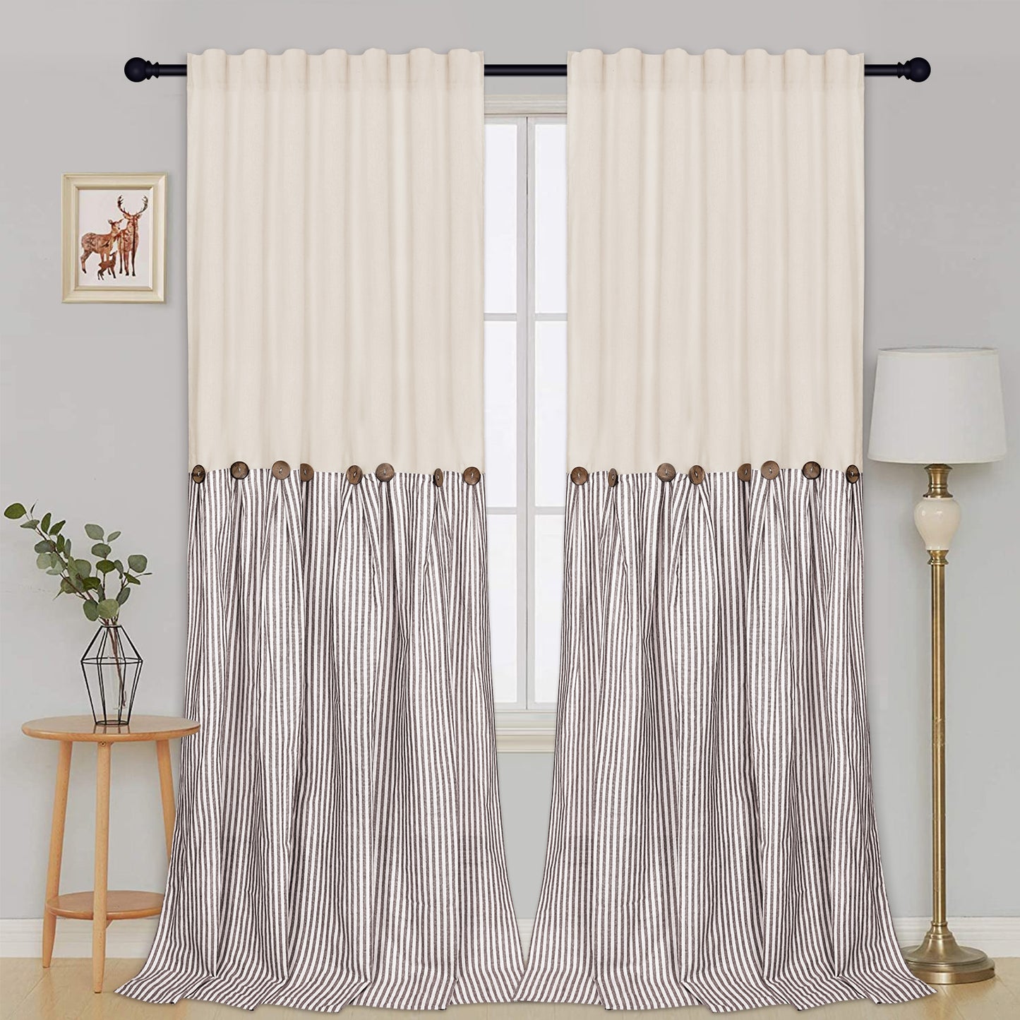 Alishomtll Farmhouse Curtains Natural Stripe Cotton Linen Button Boho Rustic Rod Pocket Back Tab Window Drapes for Living Room , 2 Panels