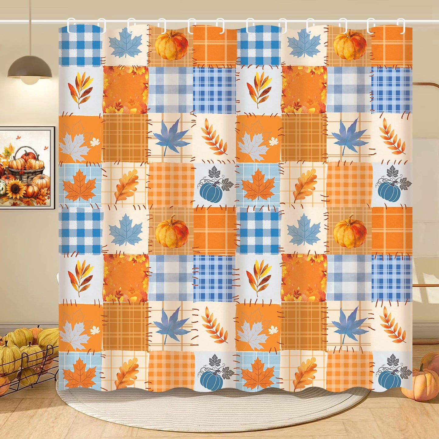 FRAMICS Thanksgiving Plaid Pumpkin Shower Curtain Sets with Rugs, 16-Piece Fall Leaves Bathroom Sets with Hooks, Waterproof Fabric Orange Blue Bathroom Decor Set