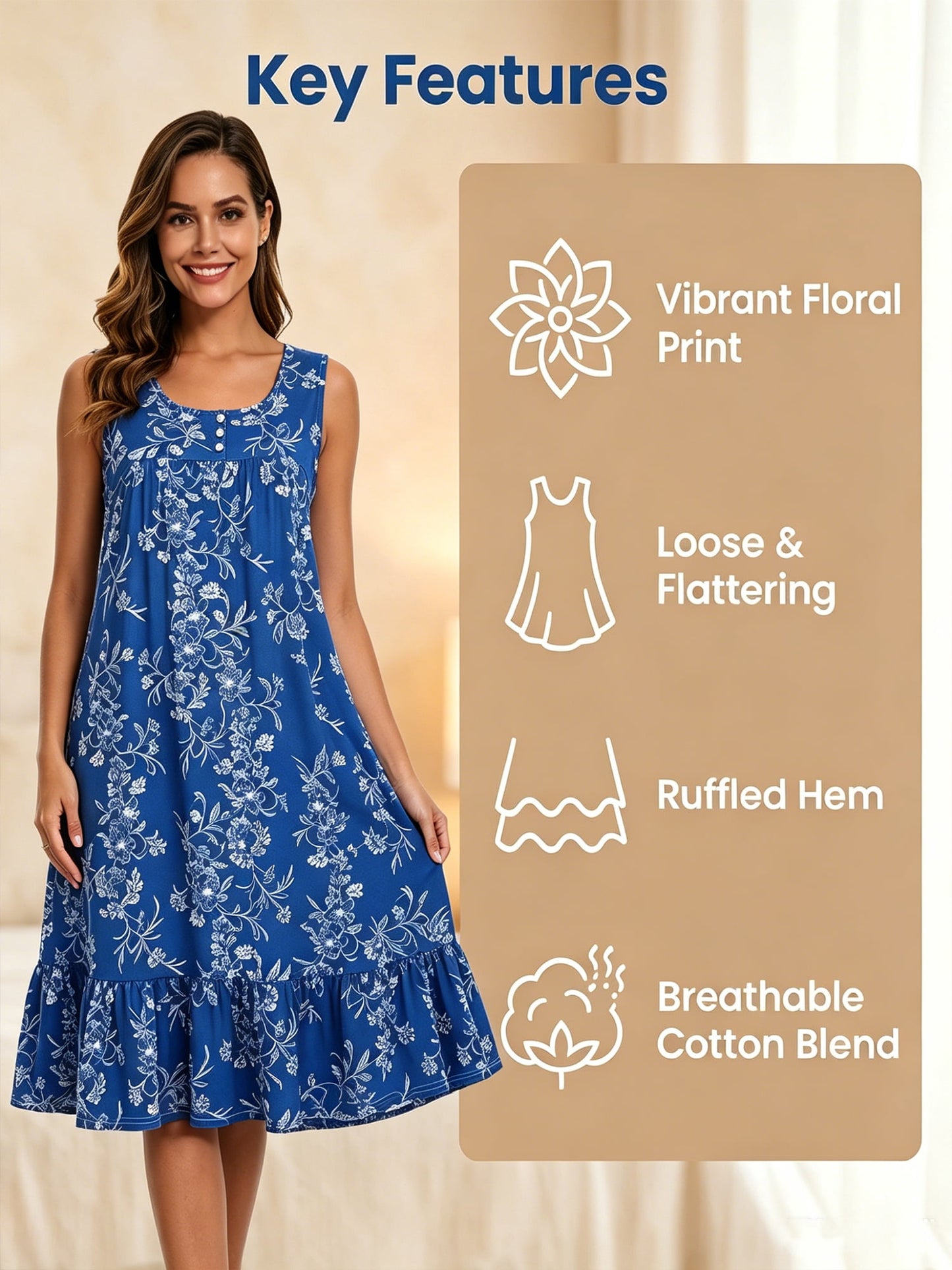 MecTo Women's Cotton Sleeveless, with Pocket, Ruffled Hem, Loose, Muumuu Nightgown