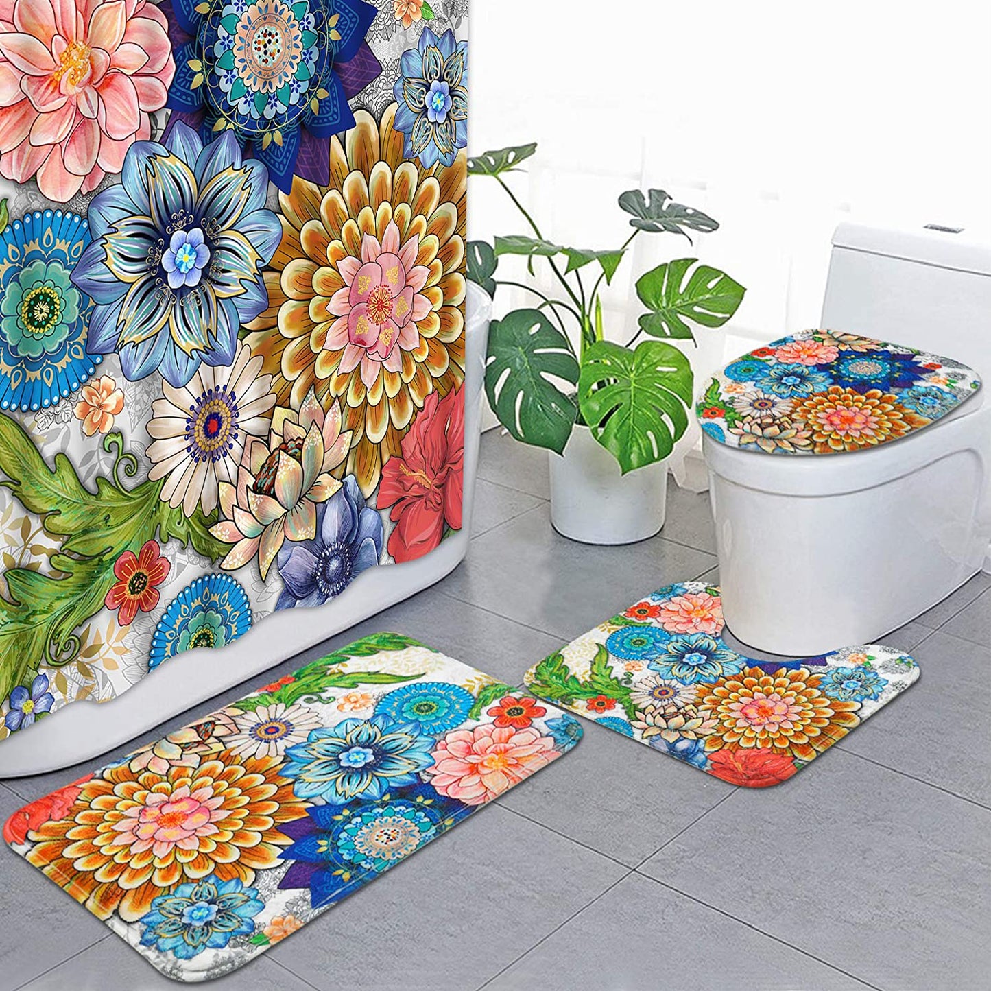 FRAMICS 16 Pc Colorful Boho Flower Shower Curtain and Rug Sets, Bohemian Floral Bathroom Decor Set, Waterproof Polyester Shower Curtain with 12 Hooks and Toilet Rugs