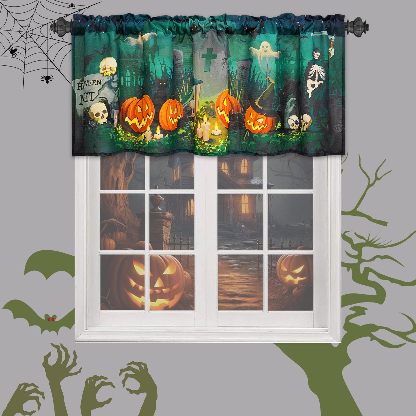 Alishomtll Halloween Valances Curtains Kitchen Tombstones and Trees Ghost Pumpkin Windows Drapes ,52 X 18 Inch,Rod Pocket