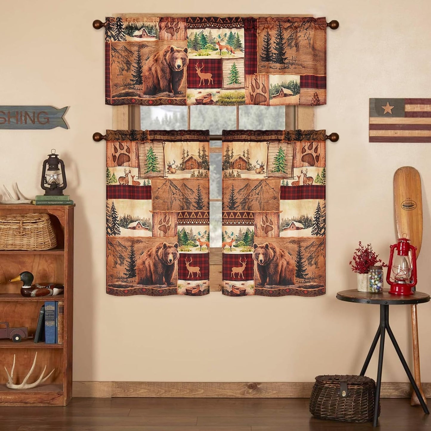 Alishomtll Kitchen Curtains Farmhouse Rustic Country Bear Moose Deer Window Tiers Curtain 36 Inches,Rod Pocket