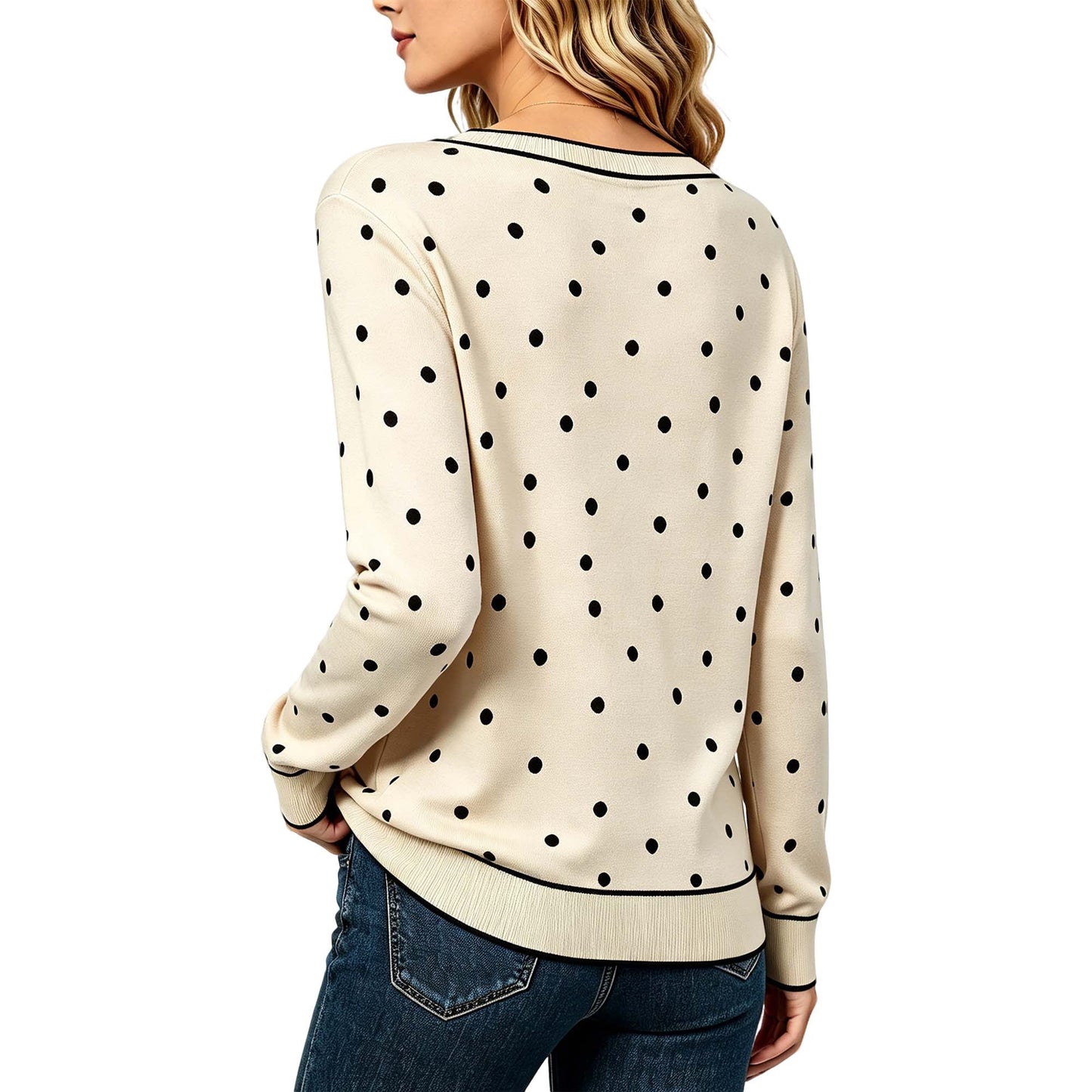 MecTo Women's Knit Top, V Neck Polka Dot Lightweight Sweater Long Sleeve Pullover for Fall Layering, Beige M