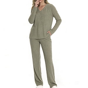 Mecto Women's V-Neck Long Sleeve Pajama Set 2-Piece Soft Regular Fit Sleepwear Casual Loungewear Comfort Nightwear PJ Set