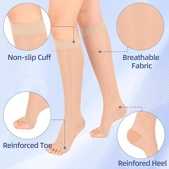 MARTINE MALL 2 Pairs Open Toe Sheer Compression Stockings 15-20 mmHg Knee High Medical Compression Socks for Women