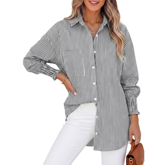 Gingprous Women Striped Button Down Shirt Oversized Long Sleeve Blouse with Smocked Cuffs Pocket