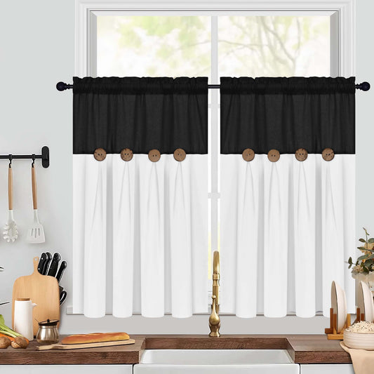 Alishomtll Linen Farmhouse White Boho Button Solid Print Rod Pocket Light Filtering Curtains, 26" x 36" (2 Panels),Black white