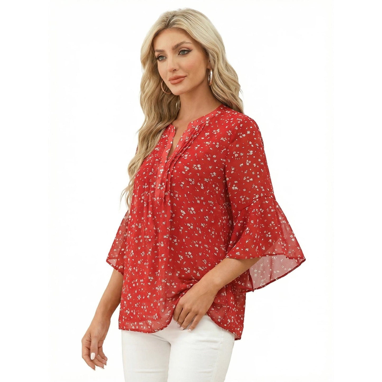 Gingprous Chiffon V-neck Blouse for Women Ruffed 3/4 Sleeve Tops Baggy Casual Business Blouse