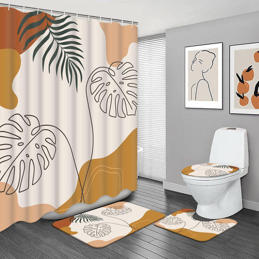 FRAMICS Boho Mid Century Shower Curtain and Rug Sets, 16 Pc Modern Abstract Geometric Bathroom Sets, Brown Waterproof Fabric Shower Curtain Sets with 12 Hooks