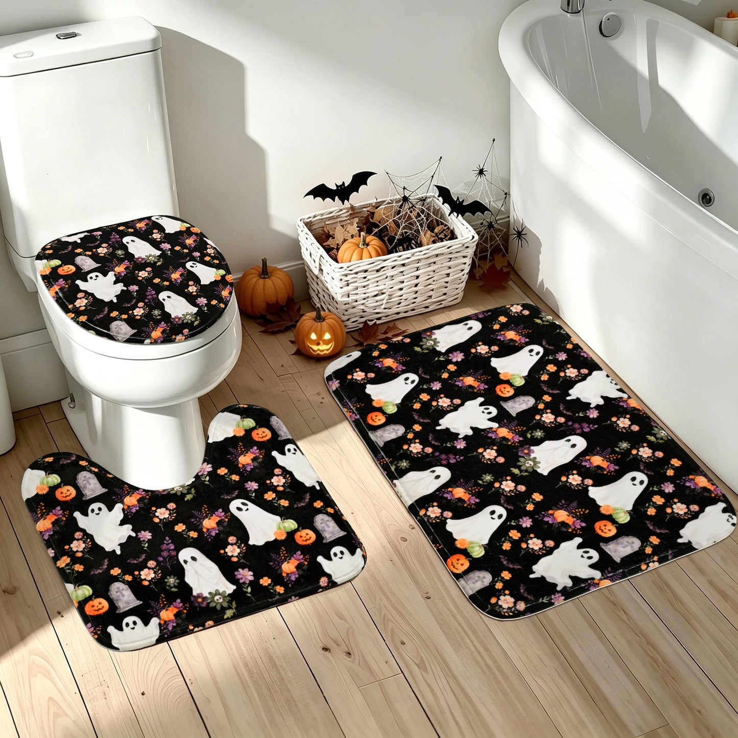 FRAMICS Halloween Cute Ghost Shower Curtain Sets with Rugs, 16-Piece Spooky Floral Pumpkin Bathroom Sets with Hooks, Waterproof Fabric Bathroom Decor 72" x 72"