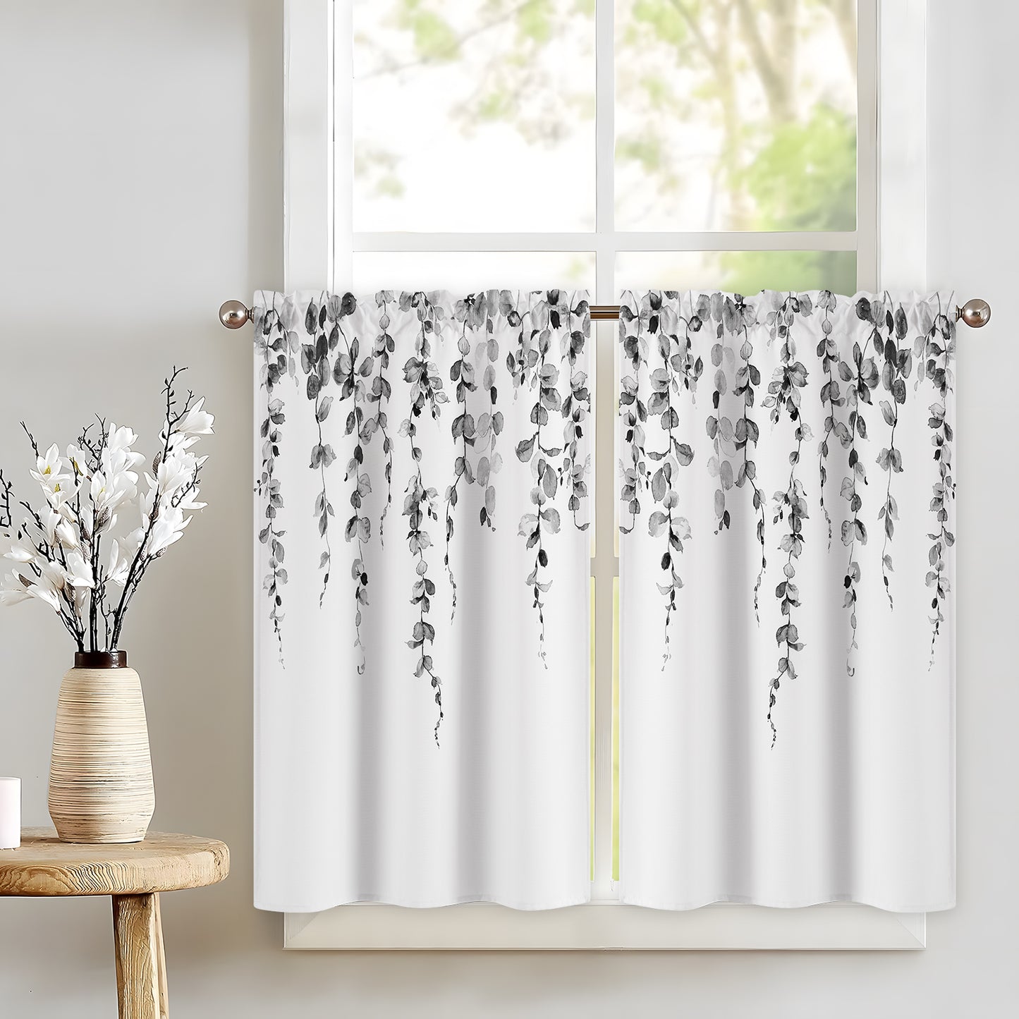 Alishomtll Kitchen Curtains Grey Watercolor Leaves Print Tier Windows Drapes Sets 36 Inch ,Rod Pocket