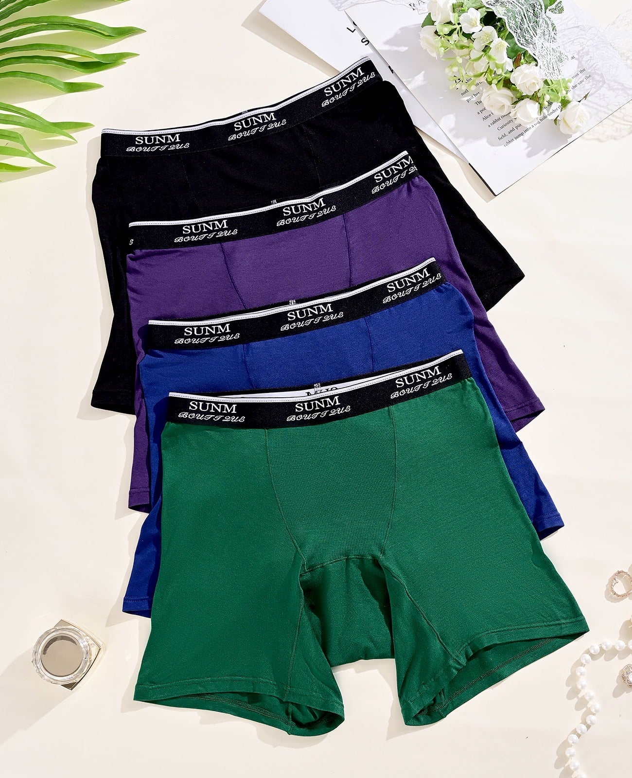 Sunm Boutique Buttery Soft Stretchy High Waisted Women's Boxer Briefs 4-Pack Multi-Color Modal Boy Shorts