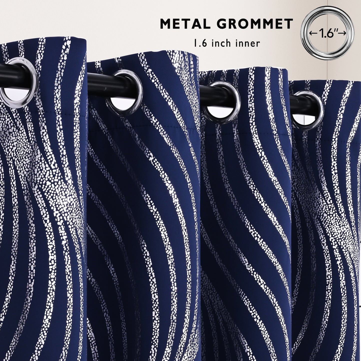 Alishomtll Navy Blue Blackout Curtains for Living Room ,Modern Metallic Silver Wave Pattern Bedroom Thermal Insulated Drapes ,2 Panel Set,52"x63"