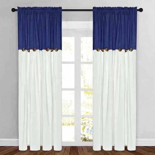 Alishomtll Linen Curtains Farmhouse Boho Button Light Filtering Window Drapes For Living Room Bedroom,Rod Pocket,84"L x 52"W, 2 Panel,Blue White