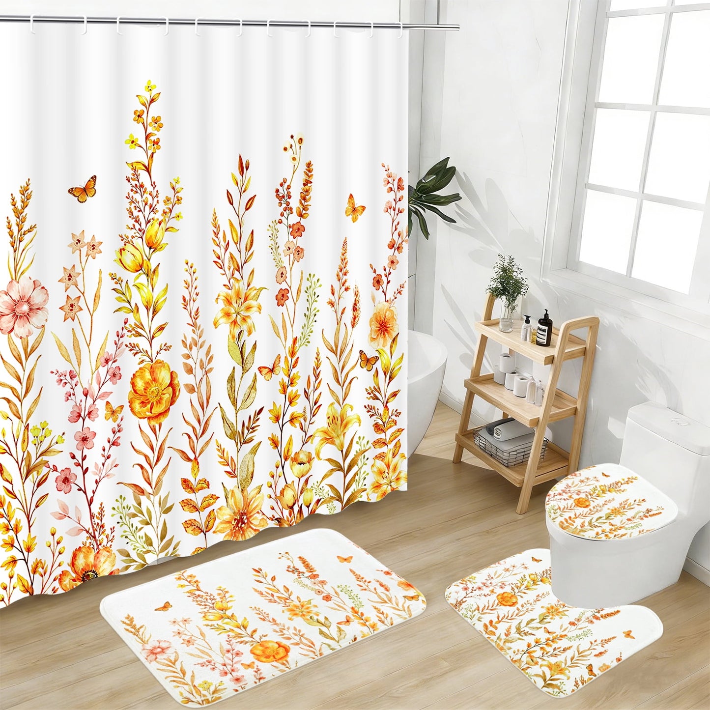 FRAMICS Fall Floral Shower Curtain Sets with Rugs, Waterproof Fabric Watercolor Flower Bathroom Sets with Hooks, Orange, 72" x 72"