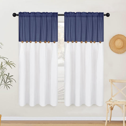 Alishomtll Linen Curtains Farmhouse Boho Button Light Filtering Window Drapes For Living Room Bedroom,Rod Pocket,63"L x 52"W, 2 Panel,Blue White