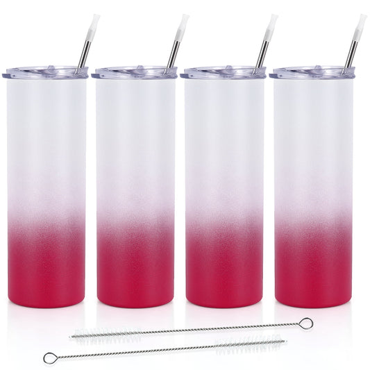 Gingprous 20oz 4 Pack Stainless Steel Skinny Tumbler with Lids Straws , Double Wall Travel Tumblers, Vacuum Insulated Tumblers，Insulated Coffee Cup，White Gradient Magenta