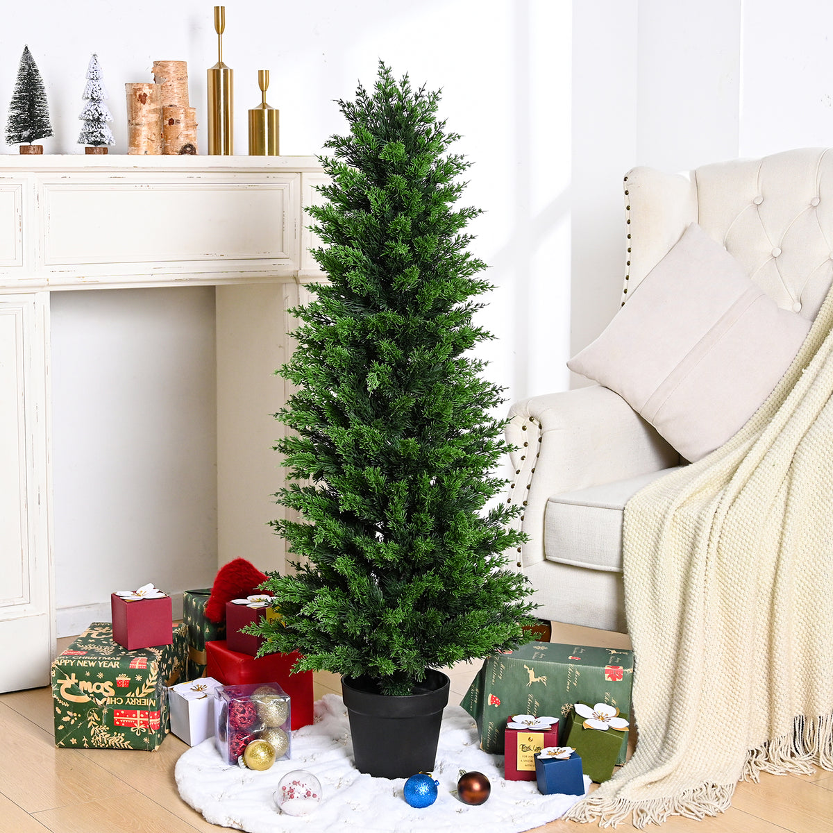 MARTINE MALL 4ft Artificial Cedar Topiary Christmas Trees Topiary Outdoor Fake Shrubs Potted Plants for Front Porch Outdoor Indoor Garden Xmas Decor