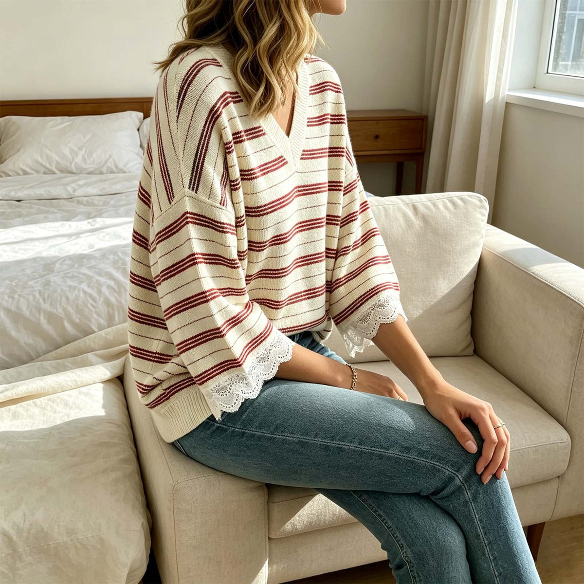MecTo Womens Striped V-Neck Knit Sweater Lace Trim 3/4 Sleeve Casual Loose Fit Pullover Top
