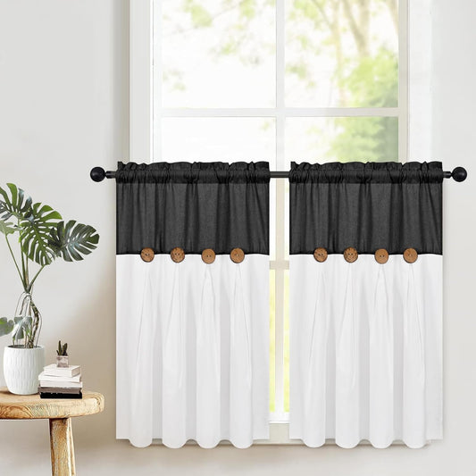 Alishomtll Linen Farmhouse White Boho Button Solid Print Rod Pocket Light Filtering Curtains, 26" x 36" (2 Panels),Black white