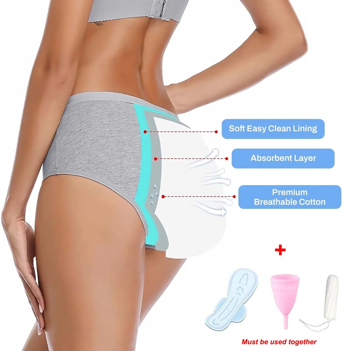 Sunm Boutique Cotton Period Underwear for Women, Extended Leak Protection Quick Absorbing Menstrual Panties, 4 Pack