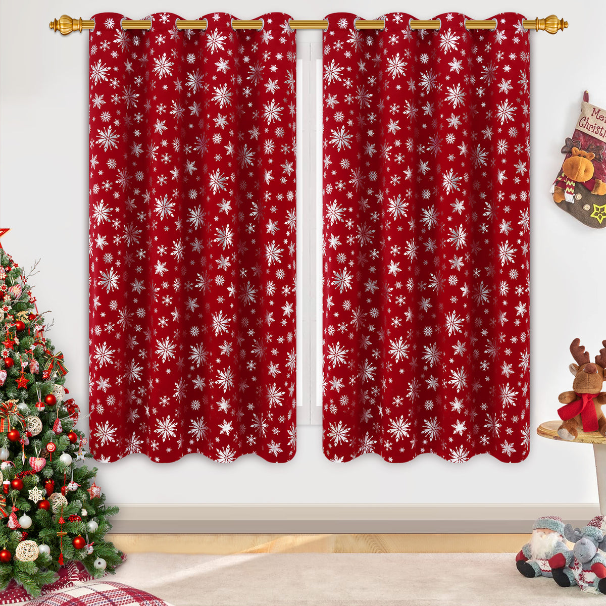 Alishomtll Red Christmas Curtains for Living Room Blackout Golden Snowflake Foil Pattern Room Darkening Window Drapes Holiday Xmas Decor, 52" x 84"L, Set of 2 Panels