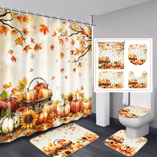 FRAMICS 16-Piece Fall Harvest Thanksgiving Shower Curtain Sets with Rugs, Maple Leaves Pumpkin Bathroom Sets, Waterproof Fabric Bathroom Curtain Decor with Hooks
