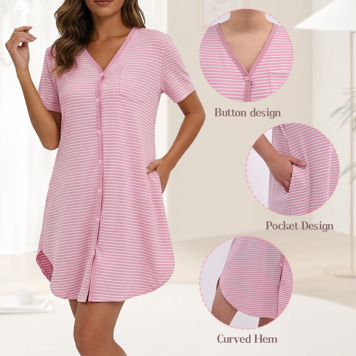 MecTo Women's Soft Cotton Nightgown, Short Sleeve V-Neck Button Down Sleepshirt with Pockets, Casual Striped Night Gowns for Women