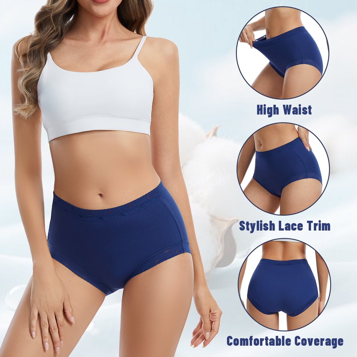 MecTo Womens Cotton Underwear 5 Pack Lace Trim High Waisted Panties Breathable Wicking Briefs