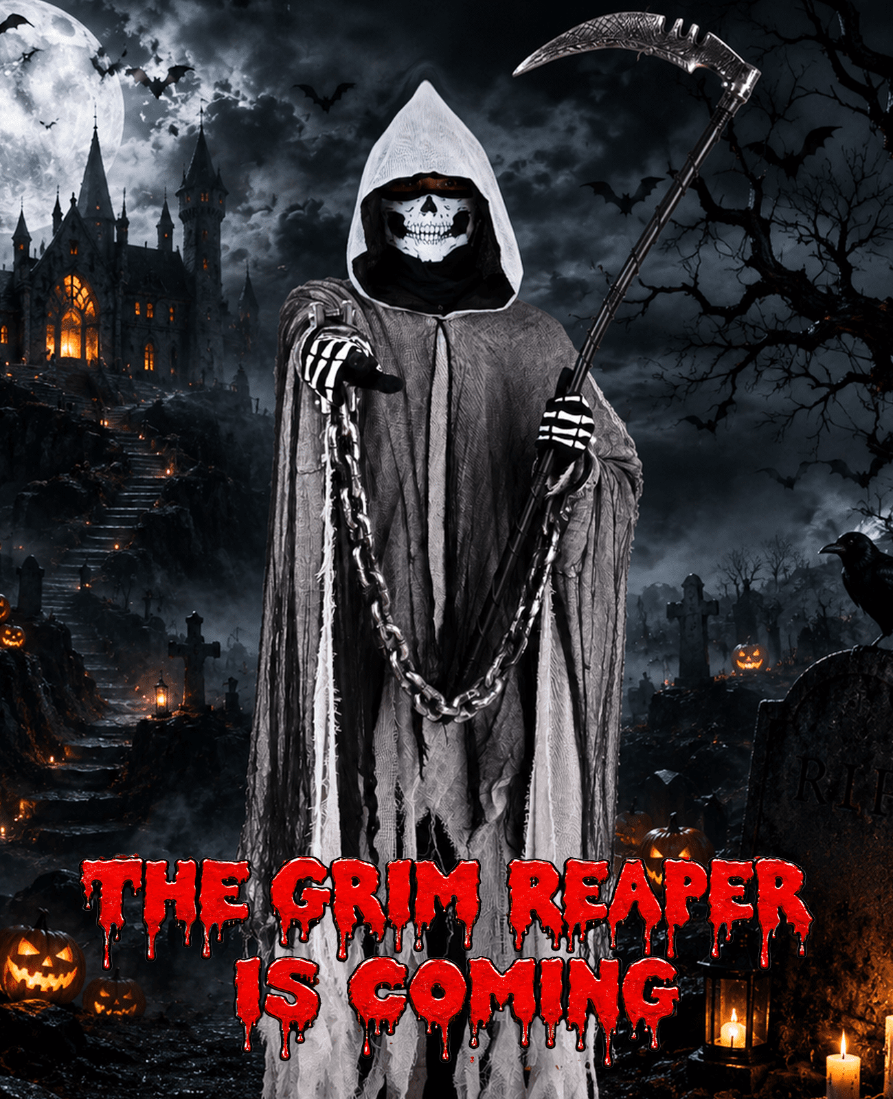MecTo Halloween Grim Reaper Costume Adults, Scary Hooded Cloak with Skull Mask, Scythe, Gloves, Chain Cuffs