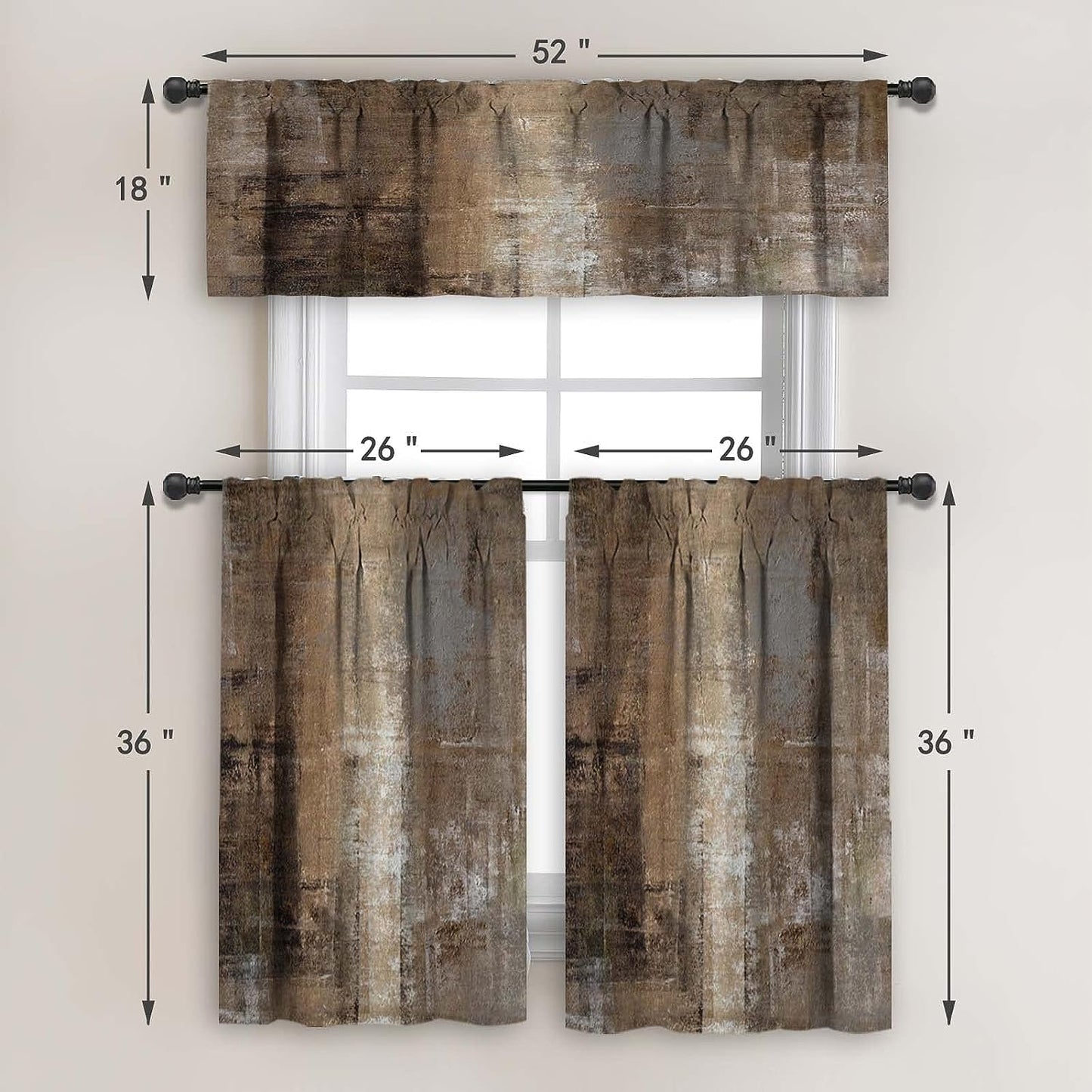 Alishomtll Kitchen Curtains and Valances Sets Dark Brown Rod Pocket Kitchen Curtains 3 Piece Set 36 Inches Long
