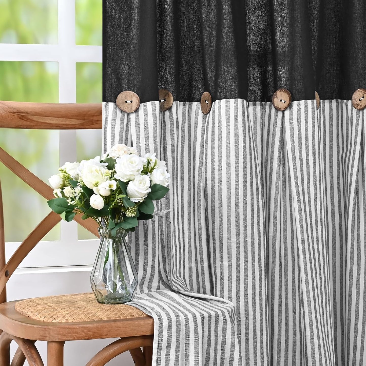 Alishomtll Farmhouse Curtains Natural Stripe Cotton Linen Button Boho Rustic Rod Pocket Back Tab Window Drapes for Living Room , 2 Panels