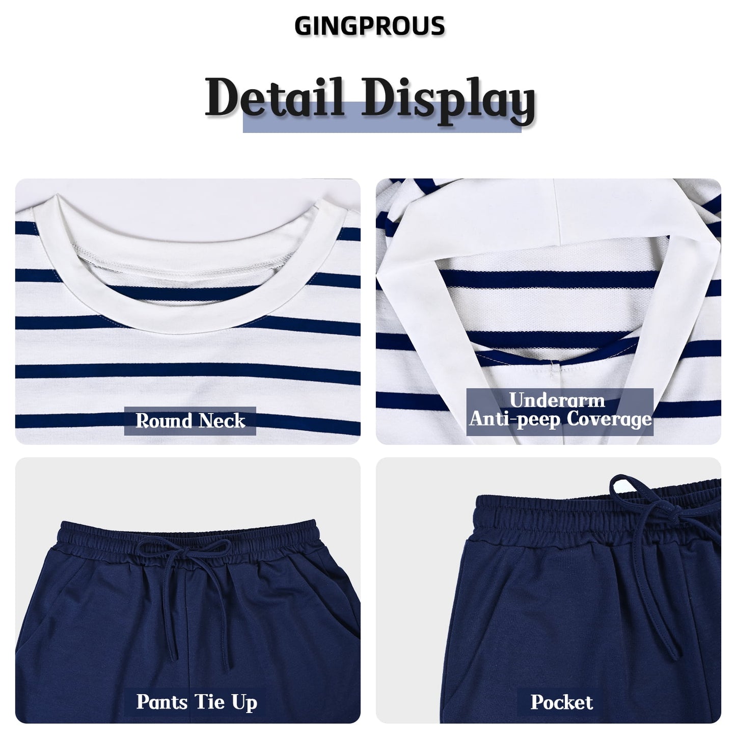 Gingprous Womens 2 Piece Outfits Striped Lounge Set Cap Sleeve Top and Drawstring Shorts Matching Set Spring Summer