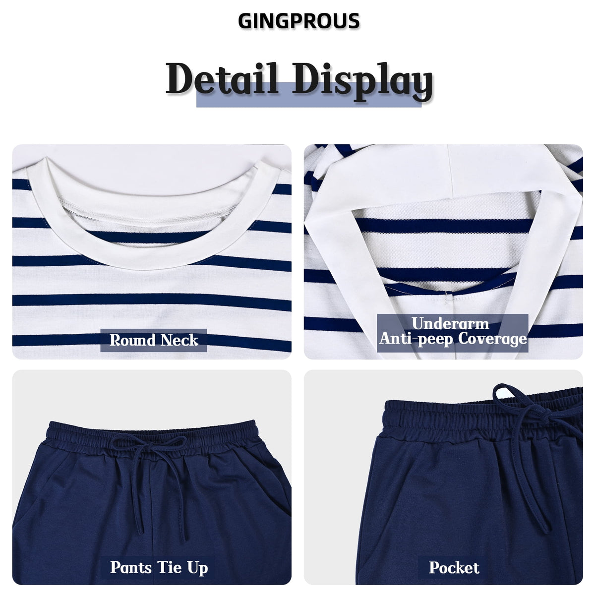 Gingprous Womens 2 Piece Outfits Striped Lounge Set Cap Sleeve Top and Drawstring Shorts Matching Set Spring Summer