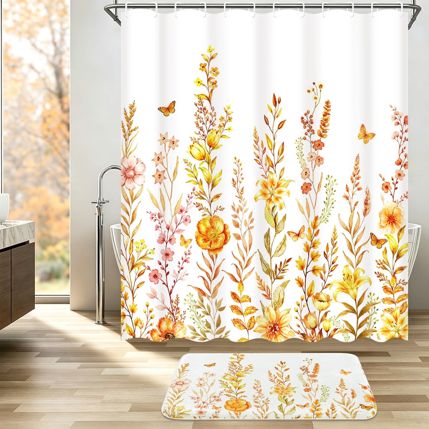 FRAMICS Fall Floral Shower Curtain Sets with Rugs, Waterproof Fabric Watercolor Flower Bathroom Sets with Hooks, Orange, 72" x 72"