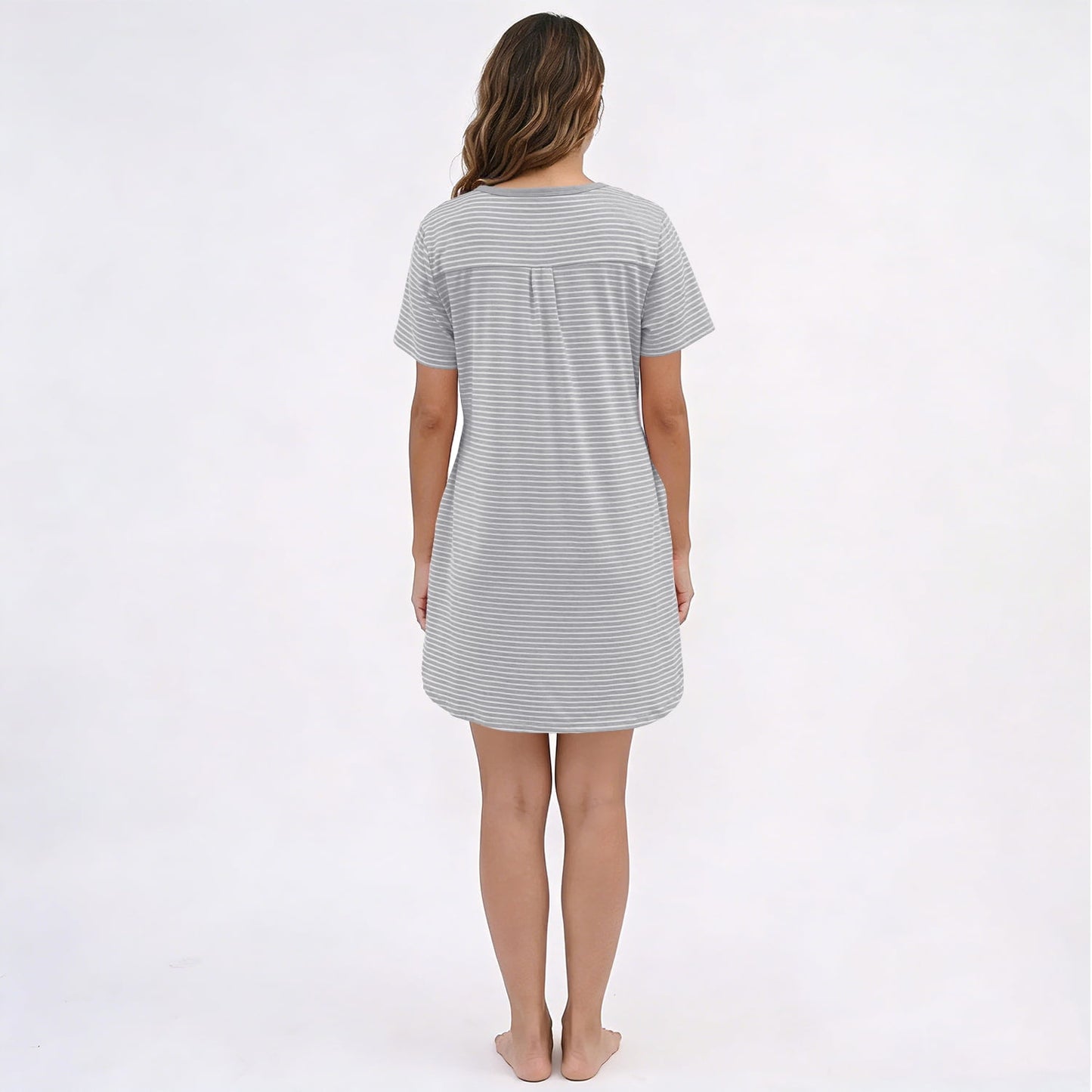 MecTo Women's Soft Cotton Nightgown, Short Sleeve V-Neck Button Down Sleepshirt with Pockets, Casual Striped Night Gowns for Women