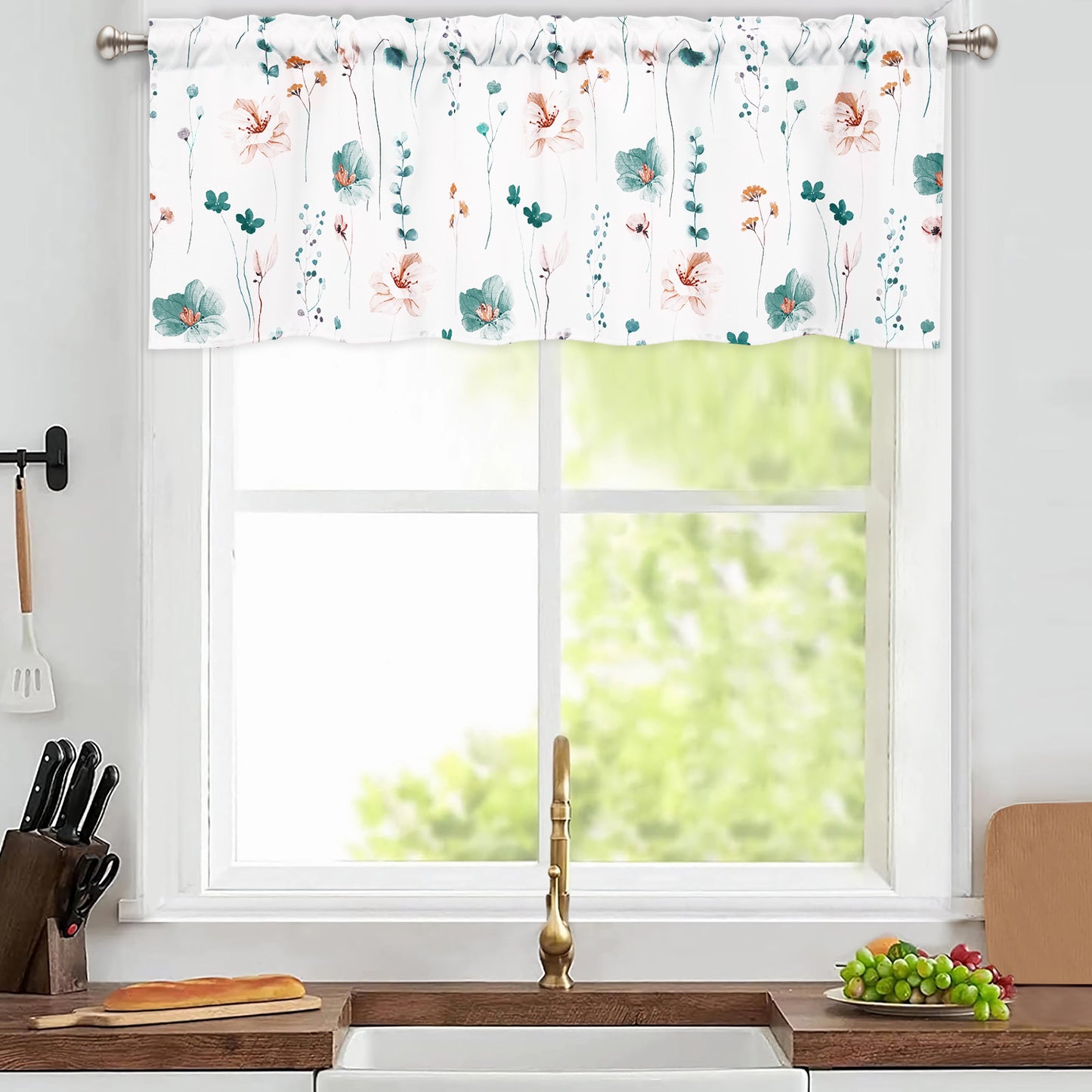 Alishomtll Floral Valance Curtains Kitchen Teal Wildflower Flower Leaf Windows Drapes,52 x 18 inch,Rod Pocket