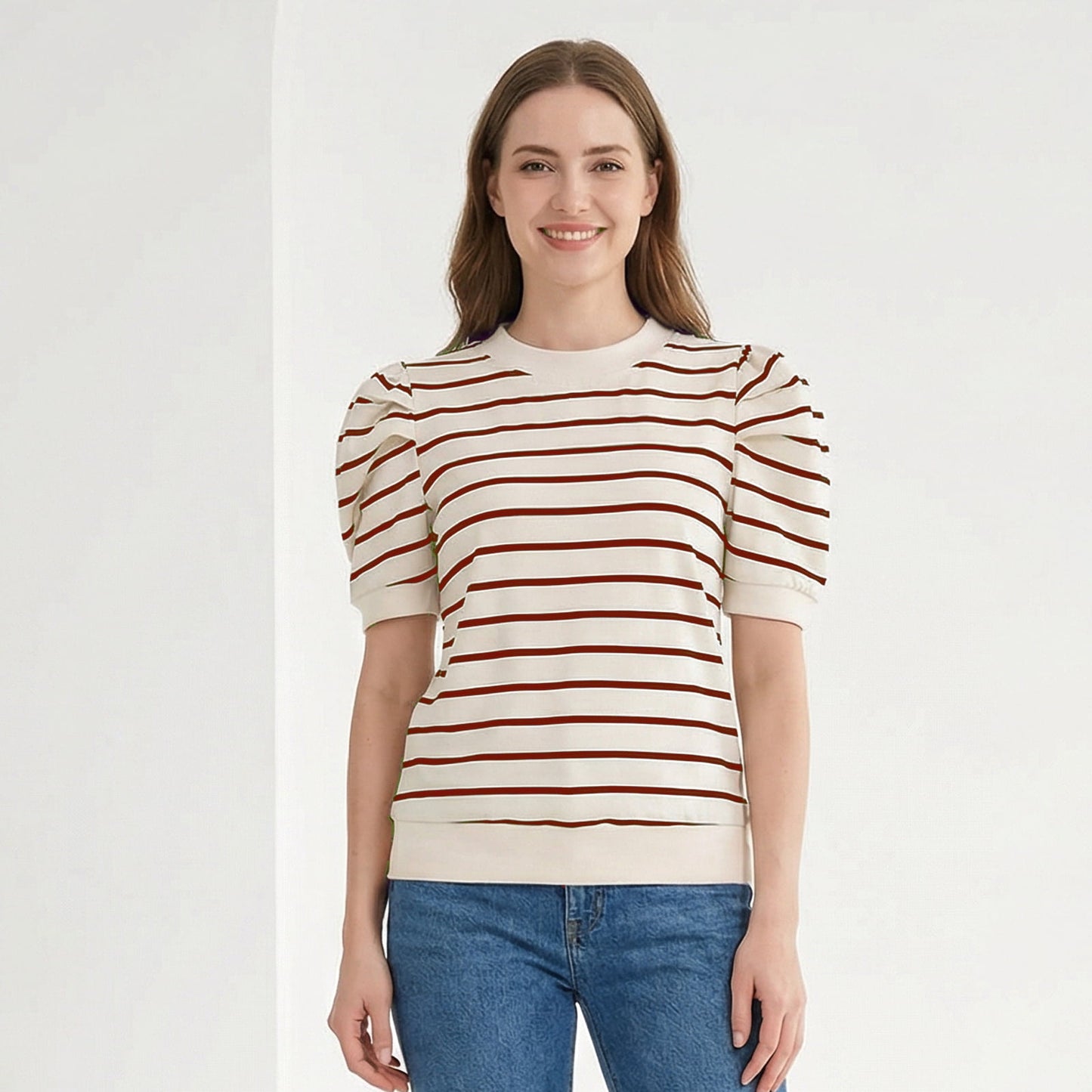 Gingprous Womens Puff Short Sleeve Tshirt Trendy Striped Knit Tops Casual Spring Summer Crewneck Blouse