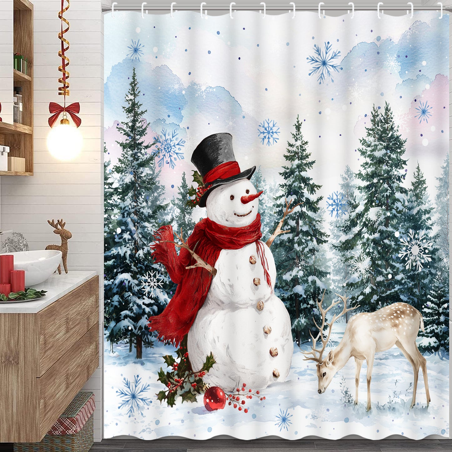 FRAMICS Christmas Snowman Shower Curtain Sets with Rugs, 16 Pcs Winter Pine Forest Deer Bathroom Sets, Waterproof Fabric Bathroom Curtain for Home Holiday Decor with Hooks