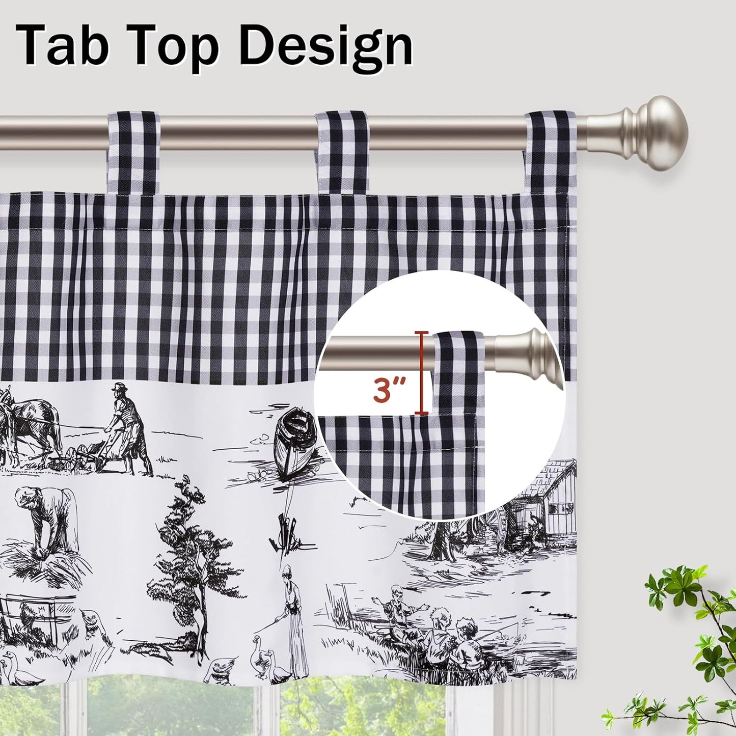 Alishomtll Linen Toile Tier Curtains for Kitchen Buffalo Plaid Short Window Curtain Sets ,Black and White