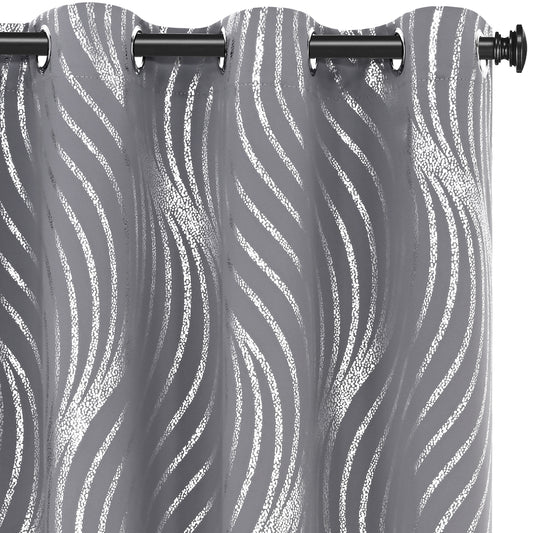 Alishomtll Grey Blackout Curtains for Living Room ,Modern Metallic Silver Wave Pattern Bedroom Thermal Insulated Drapes ,2 Panel Set,52"x84"