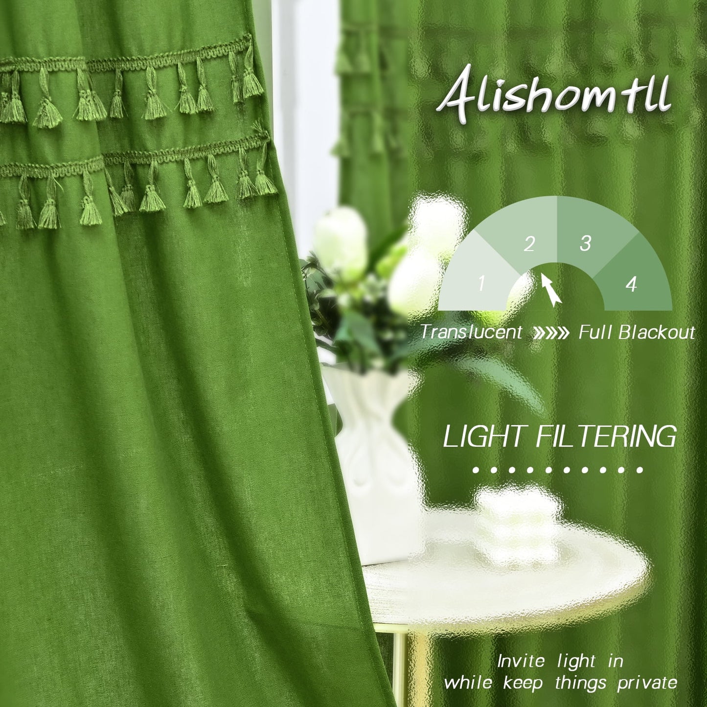 Alishomtll Boho Curtains for Living Room Semi Blackout Curtains with 8 Tassel Window Drapes Back Tab ,Green，52"Wx63"L，2 Panels
