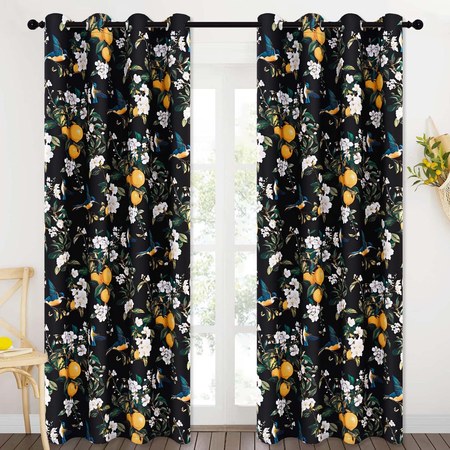 Alishomtll Floral Lemon Hummingbird Blackout Curtains Room Darkening Grommet Window Drapes for Living Room , 52" x84", ,Set of 2 Panels,Black