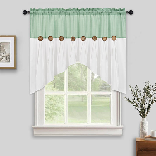 Alishomtll Linen Valance Farmhouse Boho Button Kitchen Curtains ,Rod Pocket,36"L x 52"W, Teal White