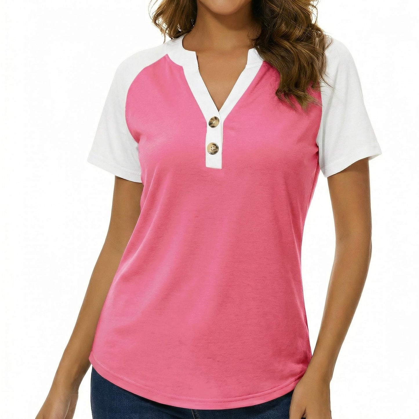 Gingprous Women's Casual Henley Shirt Short Sleeve Color Block Button Up V-Neck Tee Tops for Summer