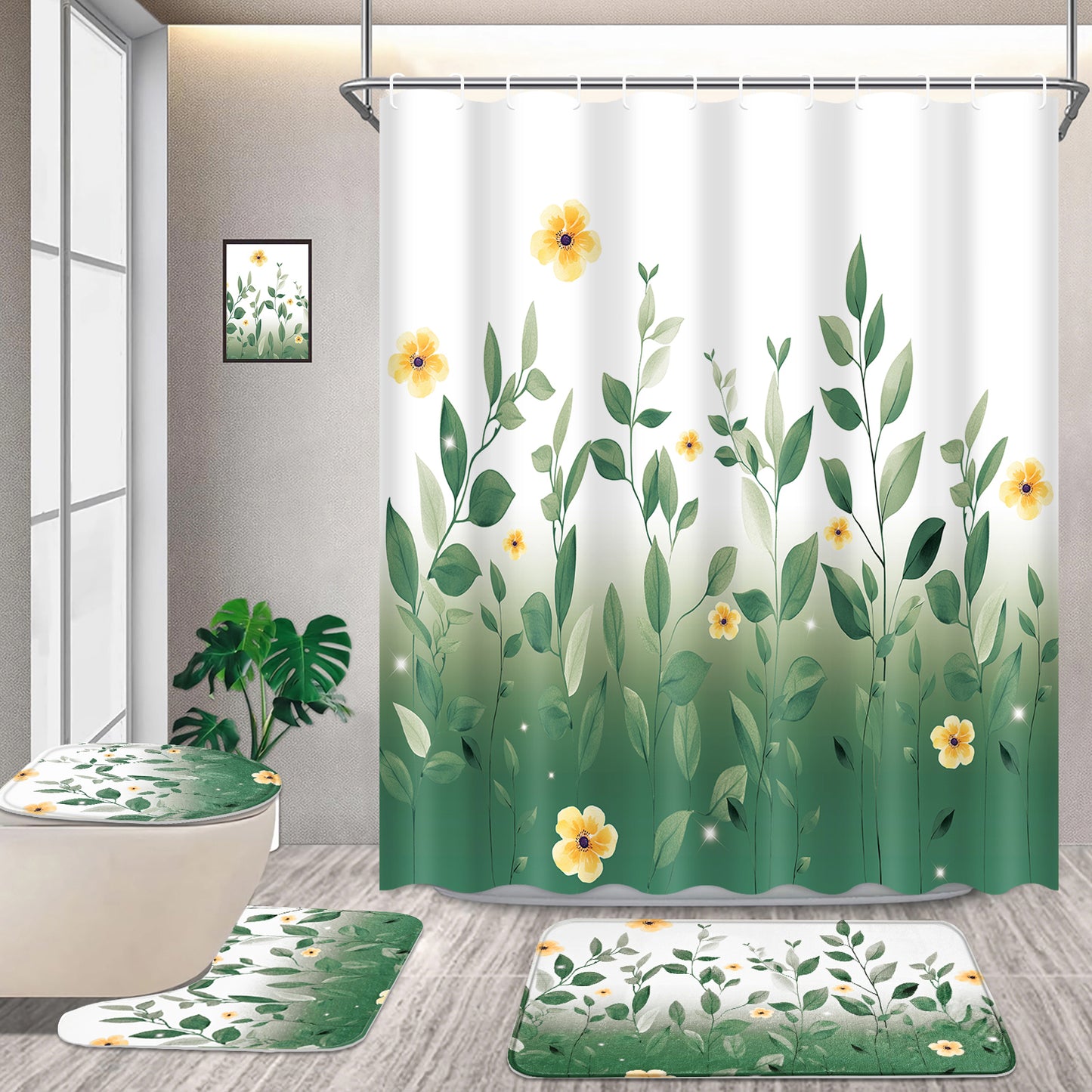 FRAMICS 16-Piece Ombre Floral Shower Curtain Sets with Rugs, Green Eucalyptus Leaves Bathroom Sets, Waterproof Fabric Bathroom Curtain Decor with Hooks