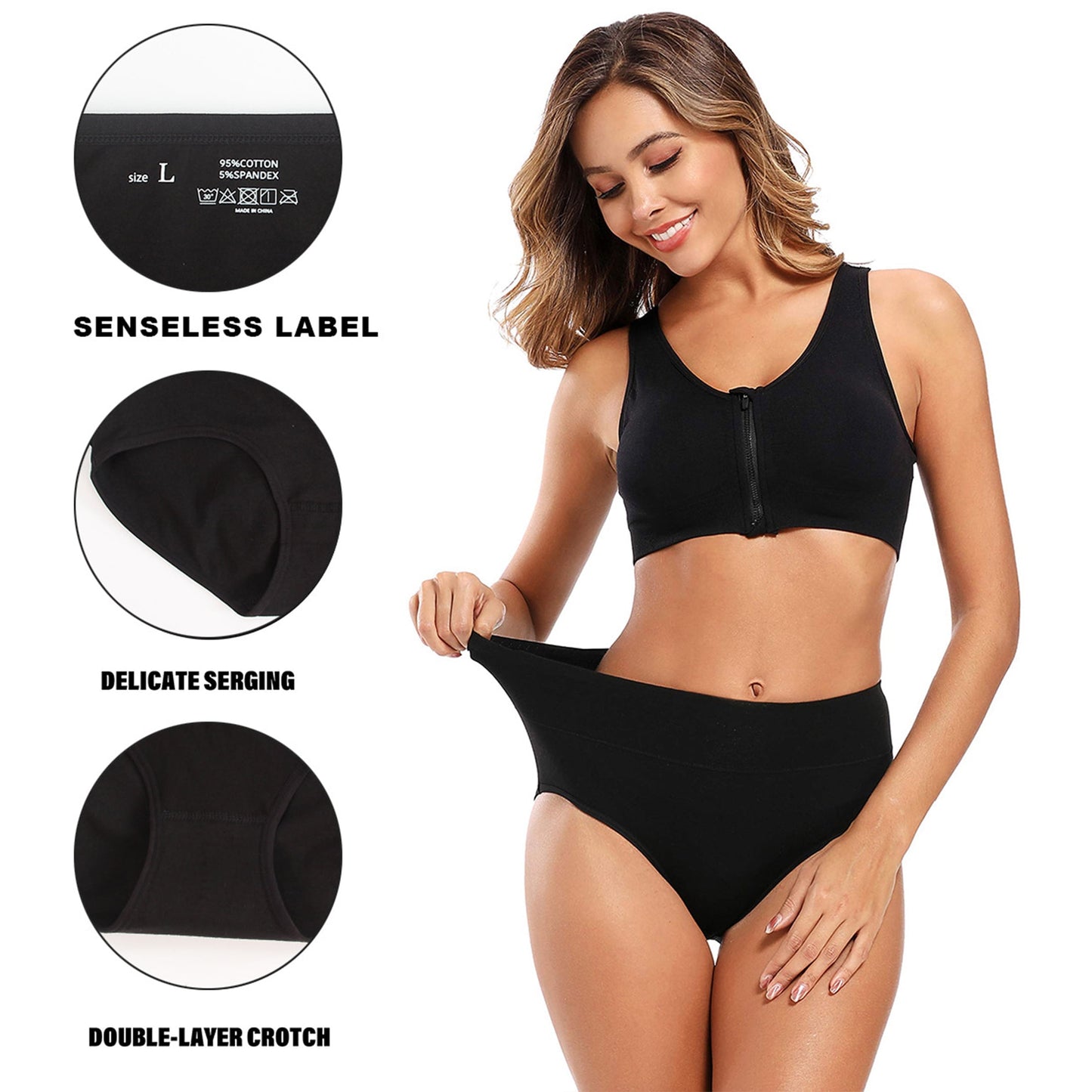 MecTo Women's Cotton Panties Underwear Plus Size Briefs High Waisted High Cut Full Coverage, Black 5-Pack