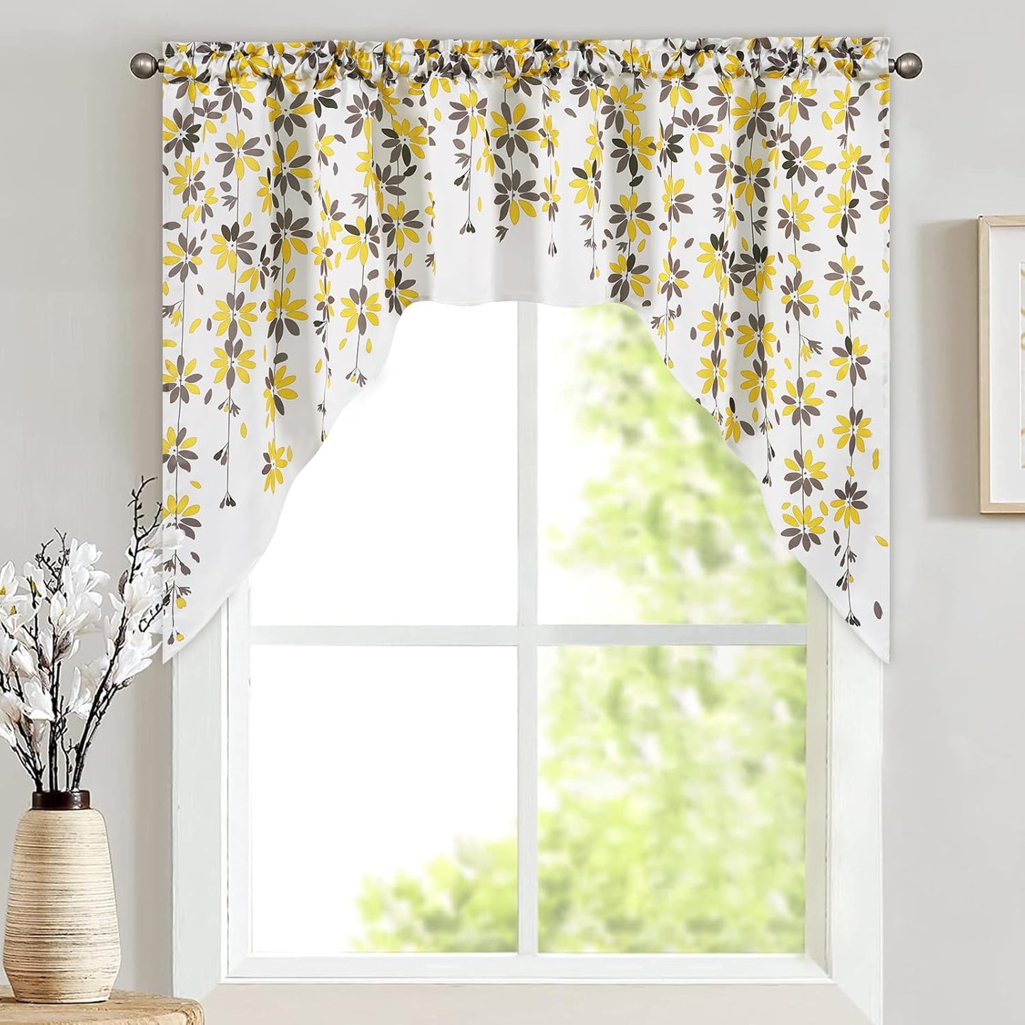 Alishomtll Falling Flower Kitchen Curtains Valances Swags for Windows Window Drapes,61" W x 36" L,Rod Pocket,Yellow